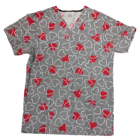 Fundamentals by White Swan Tops - Women's White Swan Fundamentals Heart Scrub Top Black, White w/ Red Hearts Sz S